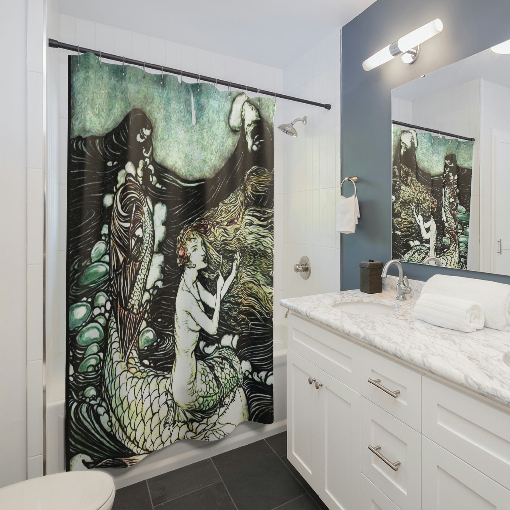 Mesmerizing Mermaid and Starfish Print Shower Curtain for Girls Bathroom