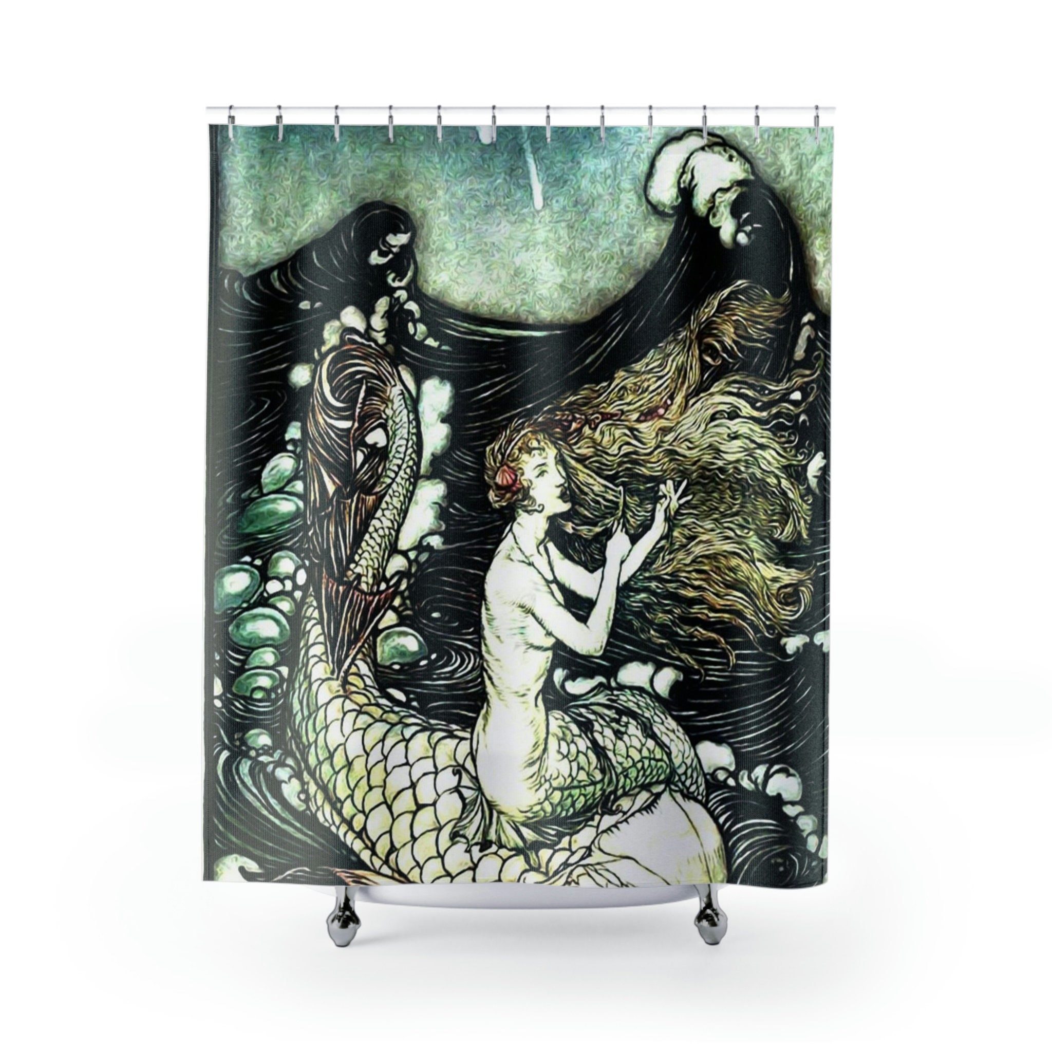 Mesmerizing Mermaid and Starfish Print Shower Curtain for Girls Bathroom