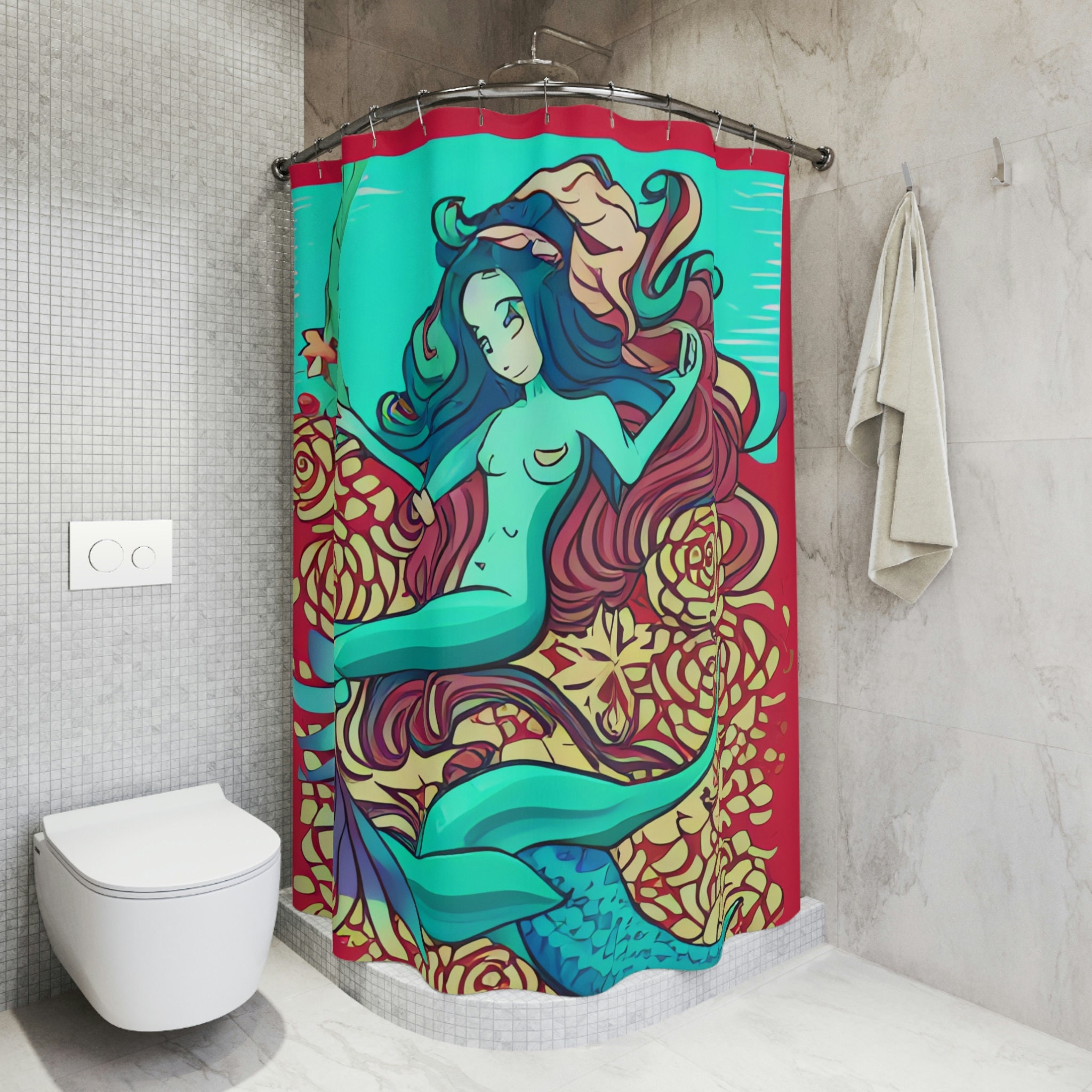 Mesmerizing Underwater Print Mermaid Shower Curtain- Ocean Art Design for Kids Bathroom