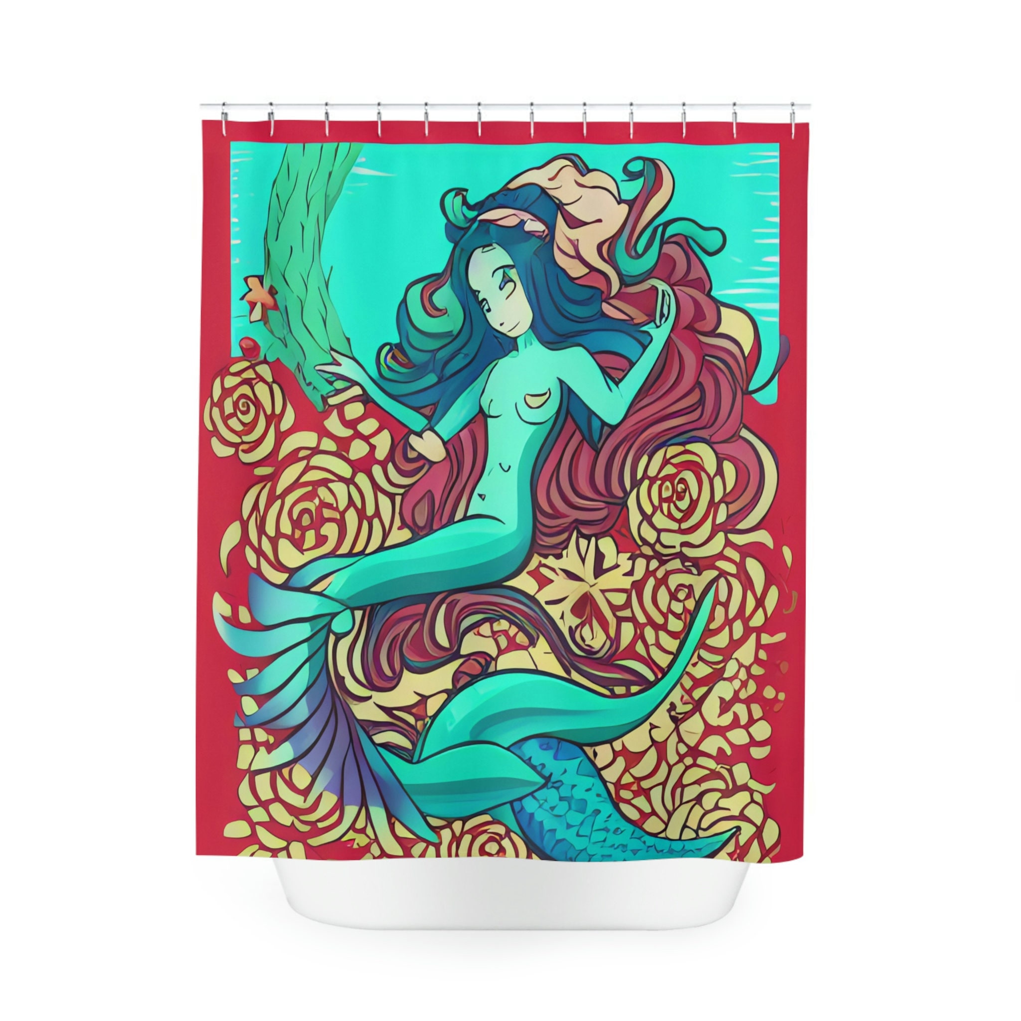 Mesmerizing Underwater Print Mermaid Shower Curtain- Ocean Art Design for Kids Bathroom