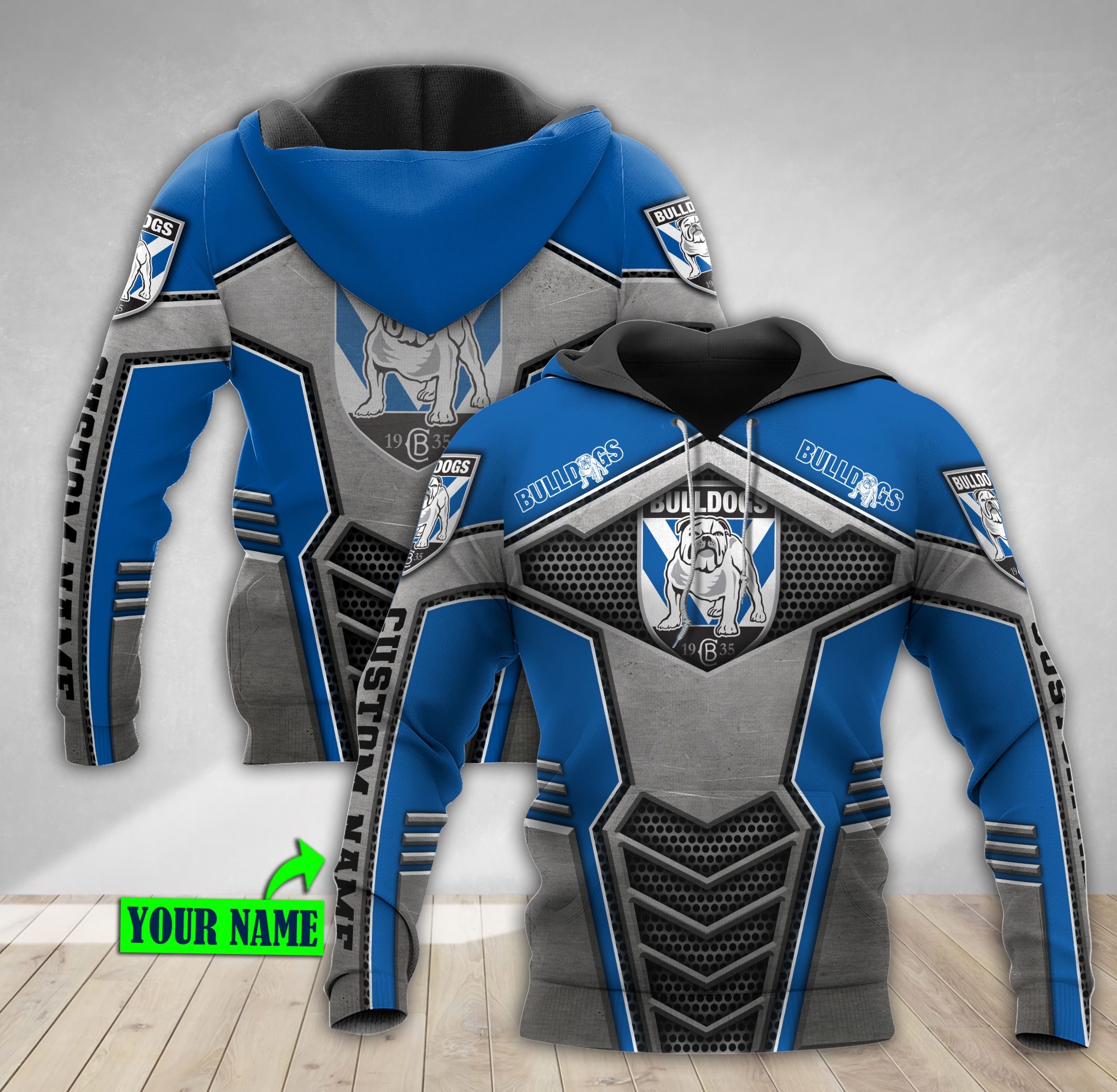 Metal Custom Name 3D All Over Print Zip Up Hoodie - Canterbury Bankstown Bulldogs Nrl