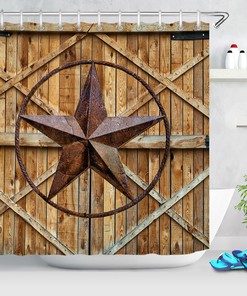 Metal Texas Star Wood Plank Barn Door Shower Curtain - Rustic Western Bathroom Decor