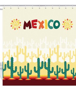 Mexican Cactus Sun Print Fabric Shower Curtain, Waterproof Bathroom Decor