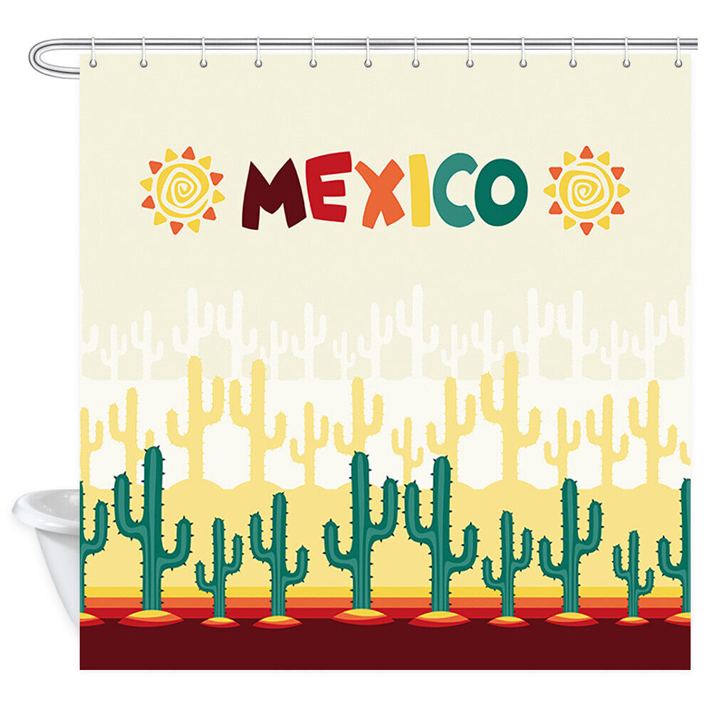 Mexican Cactus Sun Print Fabric Shower Curtain, Waterproof Bathroom Decor