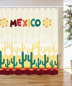 Mexican Cactus Sun Print Fabric Shower Curtain, Waterproof Bathroom Decor
