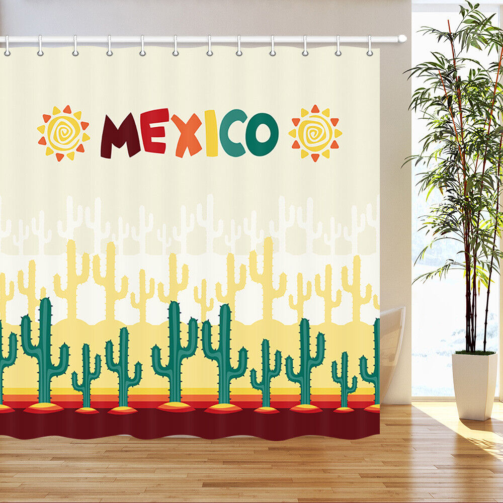 Mexican Cactus Sun Print Fabric Shower Curtain, Waterproof Bathroom Decor