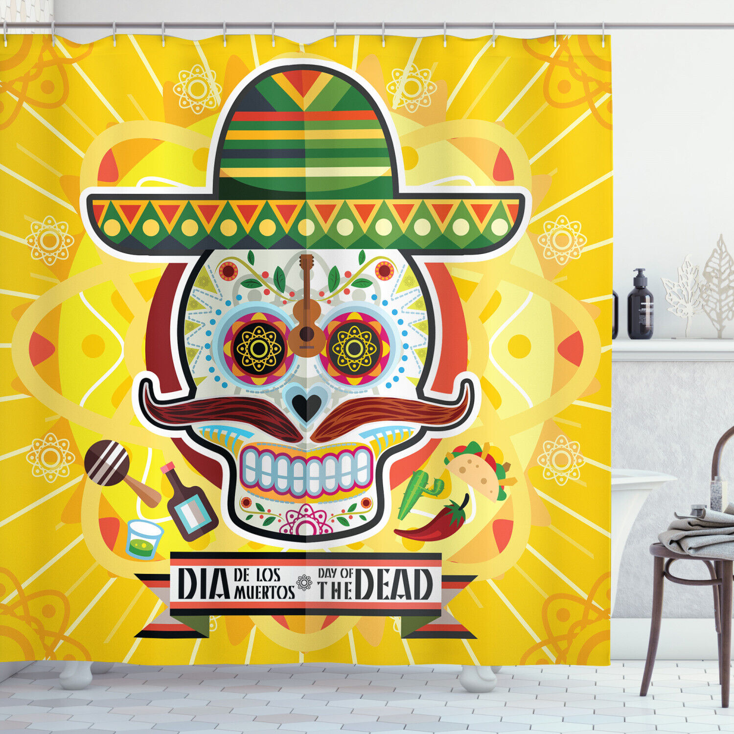 Mexican Sugar Skull Print Colorful Shower Curtain For A Bold Bathroom Look