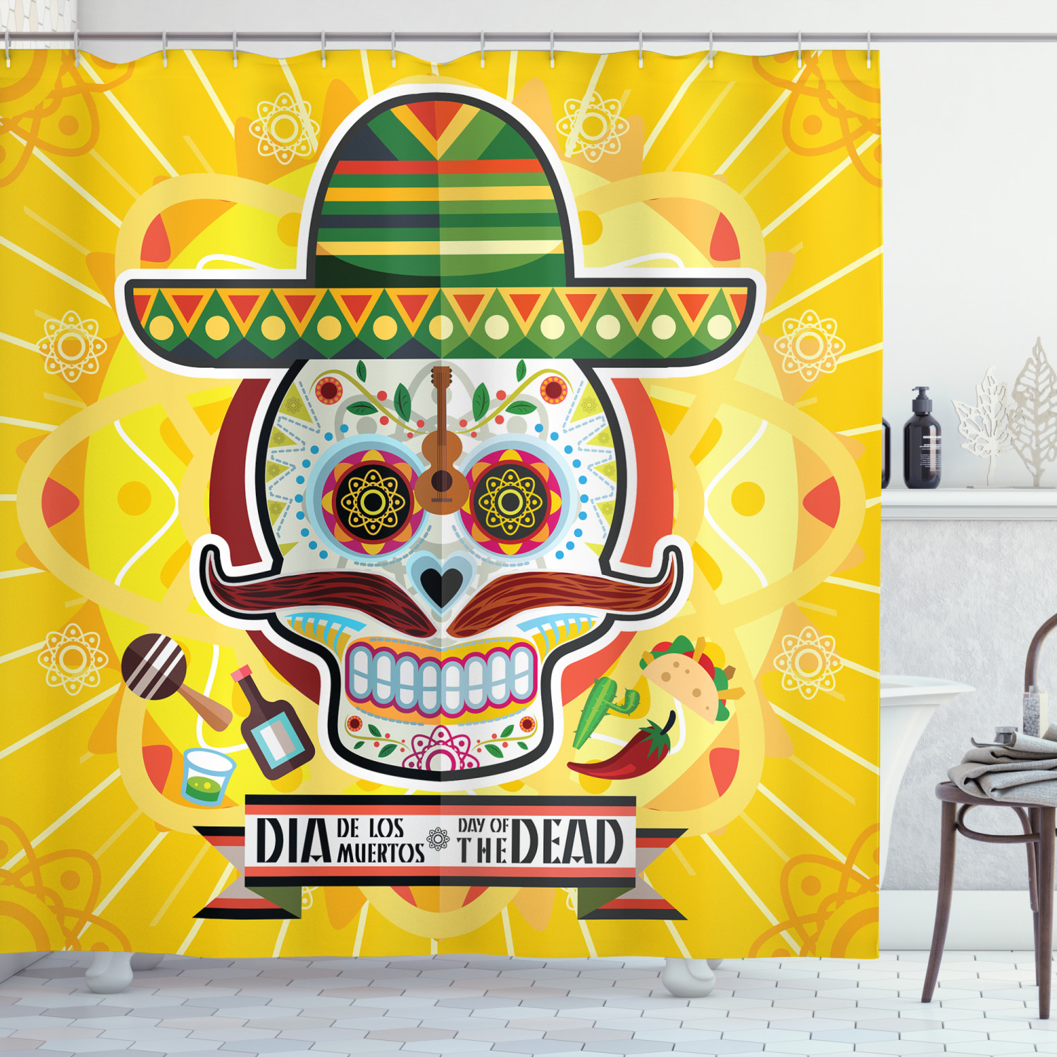 Mexican Sugar Skull Print Colorful Shower Curtain For A Bold Bathroom Look - Image 3