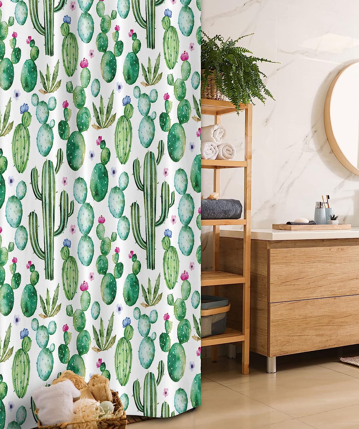 Mexican Texas Cactus Plants Print Stall Shower Curtain, White Pink Fabric Bathroom Decor By Ambesonne