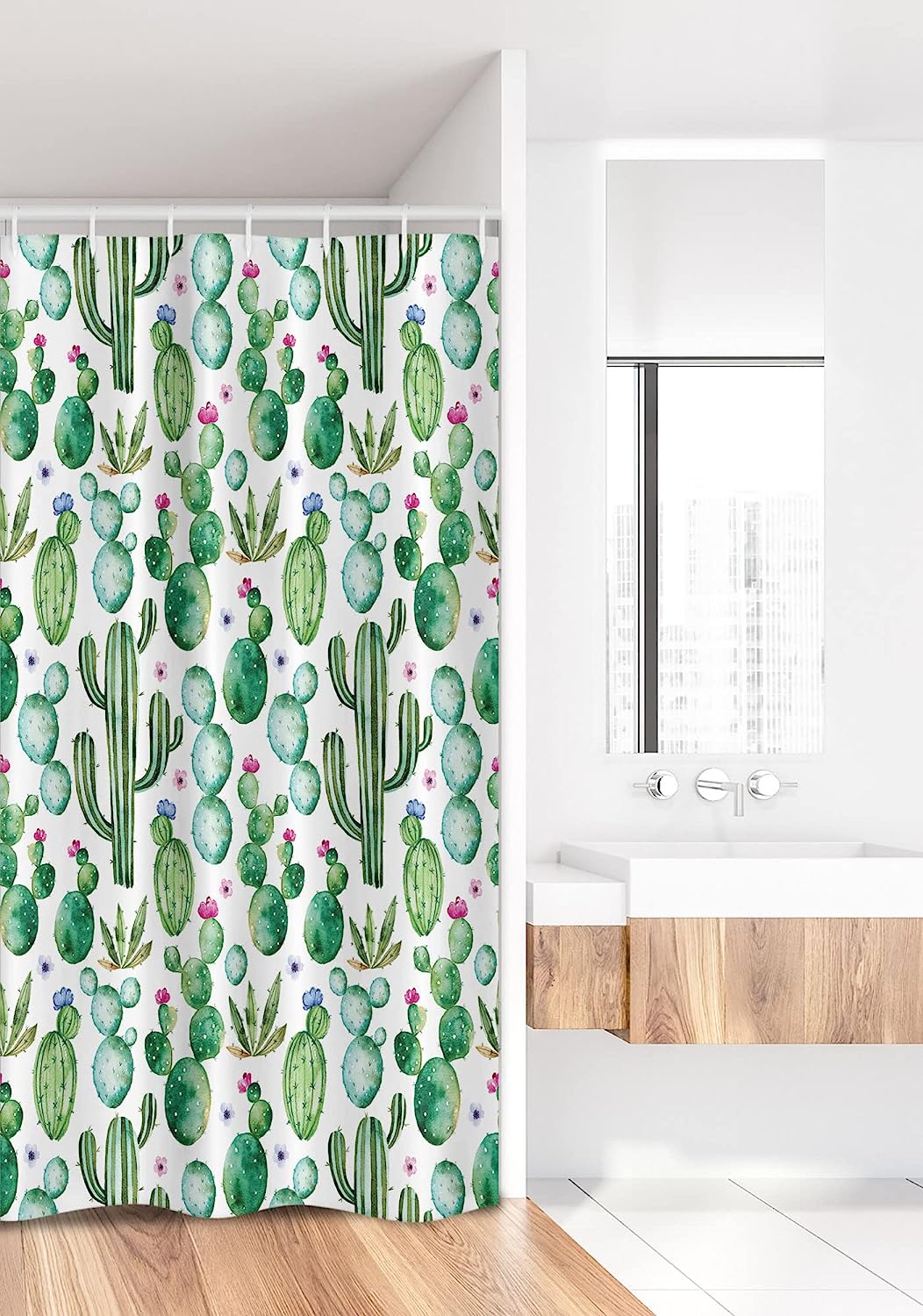 Mexican Texas Cactus Plants Print Stall Shower Curtain, White Pink Fabric Bathroom Decor By Ambesonne - Image 2