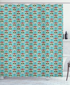 Mexican Vintage Christian Cross And Roses Skull Fabric Shower Curtain