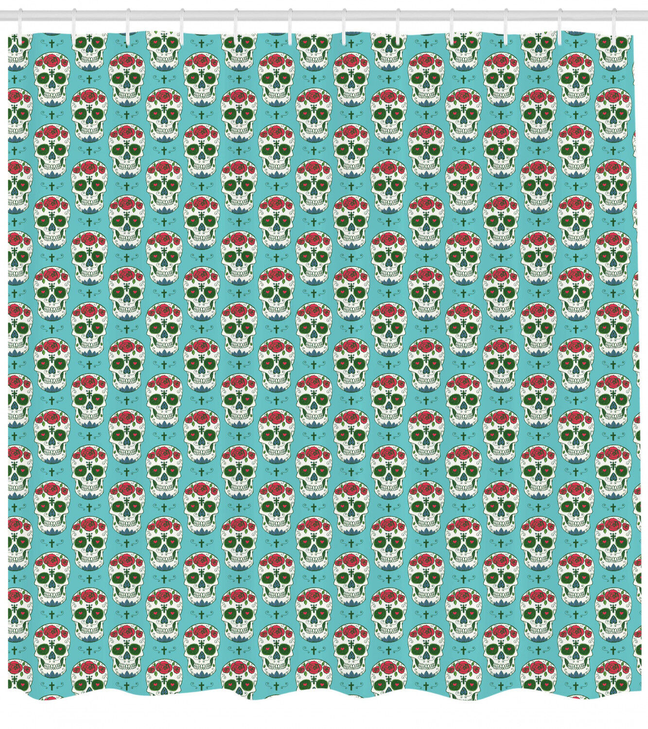 Mexican Vintage Christian Cross And Roses Skull Fabric Shower Curtain - Image 2