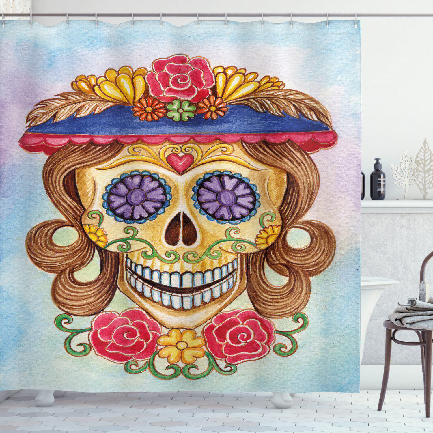 Mexican-Inspired Skull Print Shower Curtain for a Touch of Latin Style
