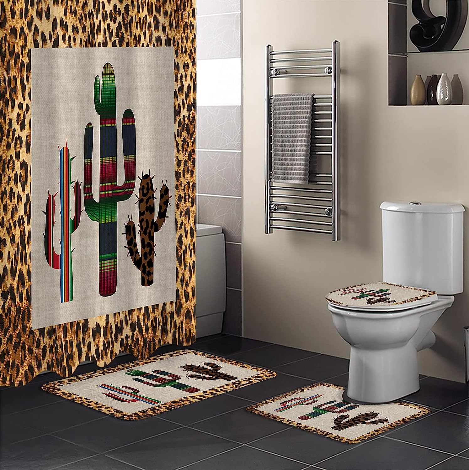 Mexico Cactus Leopard Print Background Shower Curtain for Travel Bathroom