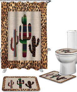 Mexico Cactus Leopard Print Background Shower Curtain for Travel Bathroom