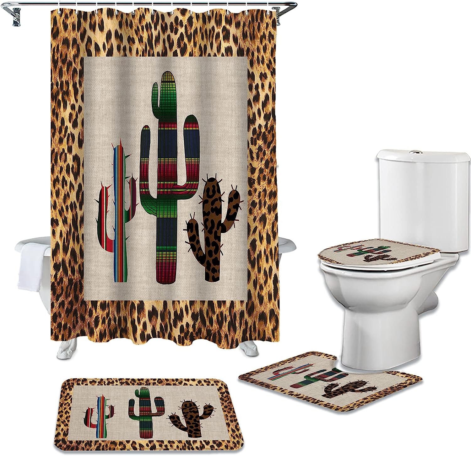 Mexico Cactus Leopard Print Background Shower Curtain for Travel Bathroom