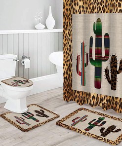 Mexico Cactus Leopard Print Background Shower Curtain for Travel Bathroom