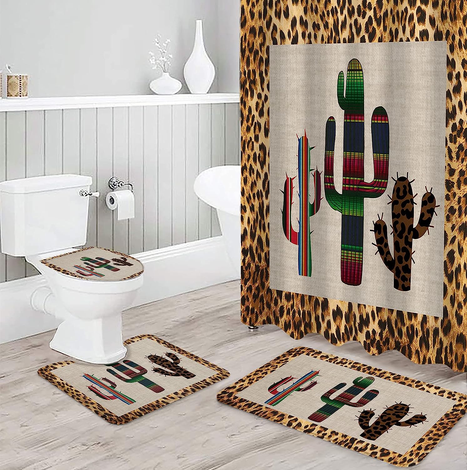 Mexico Cactus Leopard Print Background Shower Curtain for Travel Bathroom