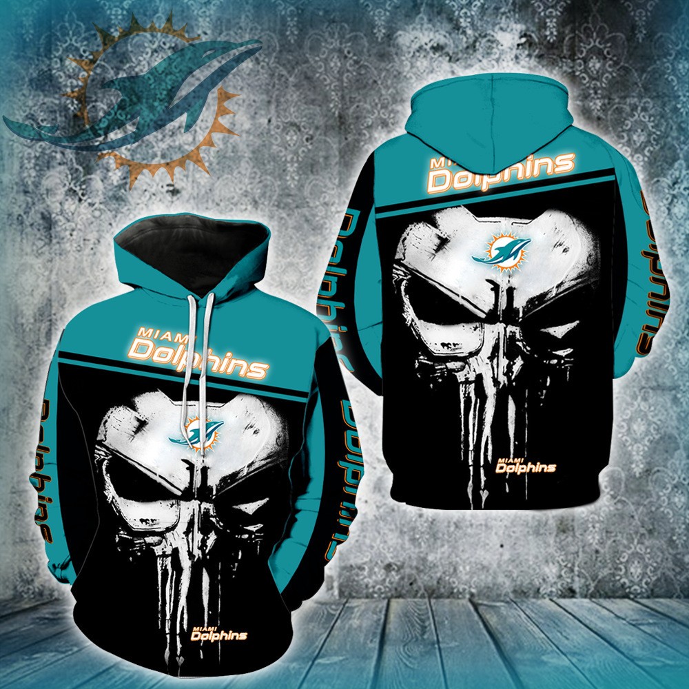 Miami Dolphins All Over Print 3D Skull Pullover Hoodie