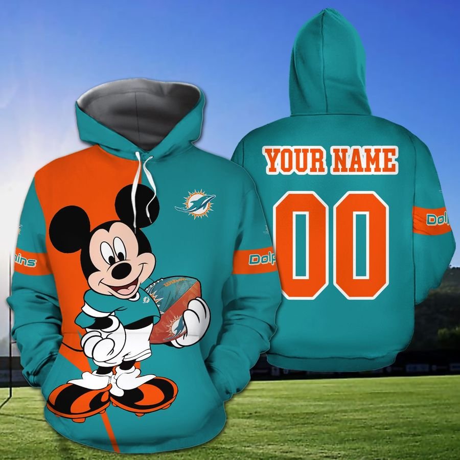 Miami Dolphins Disney Mickey Custom Name And Number All Over Printed 3D Hoodie - For The Disney And Nfl Fan