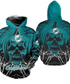 Miami Dolphins Halloween Pumpkin Skull Print Zip Hoodie - The Perfect Halloween Look For Fans