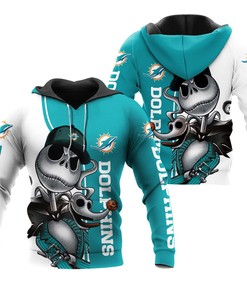 Miami Dolphins Jack Skellington And Zero 3D Hoodie - A Must-Have For Any Halloween Fan