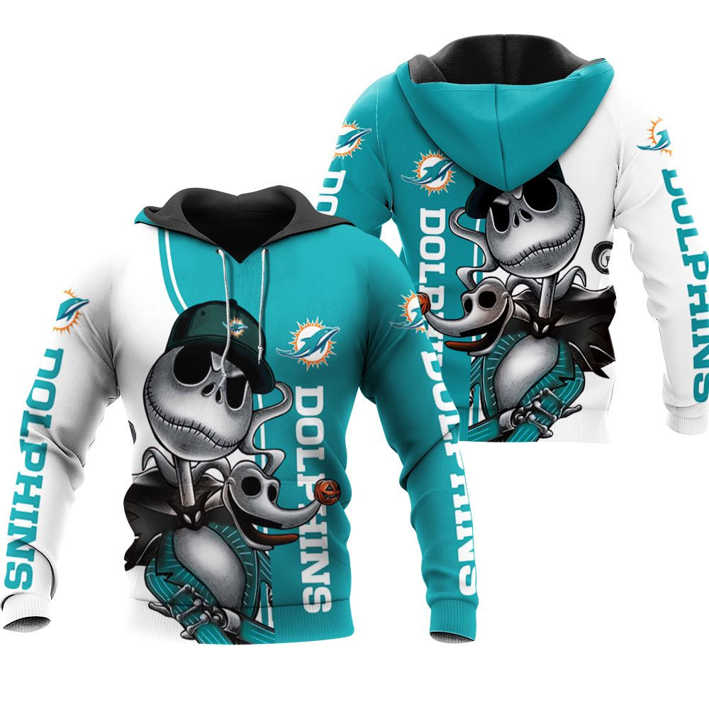 Miami Dolphins Jack Skellington And Zero 3D Hoodie - A Must-Have For Any Halloween Fan