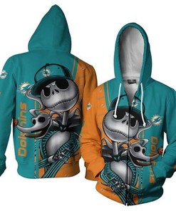 Miami Dolphins Jack Skellington Halloween 3D Printed Zip Hoodie - The Ultimate Halloween Fan Gear