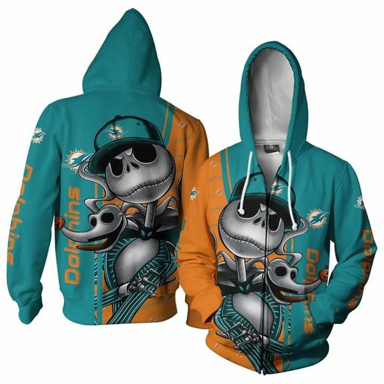Miami Dolphins Jack Skellington Halloween All Over Print 3D Hoodie