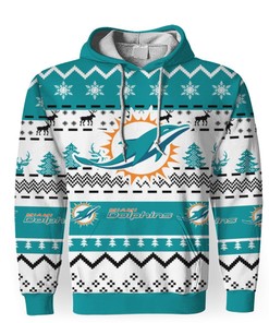 Miami Dolphins Merry Christmas Snow Pattern Funny Cute 3D All Over Print Hoodie, Perfect Gift For Fans