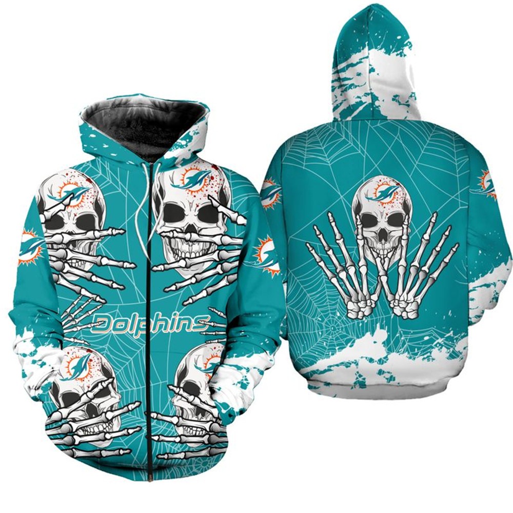 Miami Dolphins Skull For Halloween Graphic Hoodie - Get Spooky With Your Fan Look