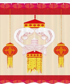 Mid Autumn Festival Symetrical Drawing Shower Curtain, Cloth Fabric Bathroom Decor in Singapore