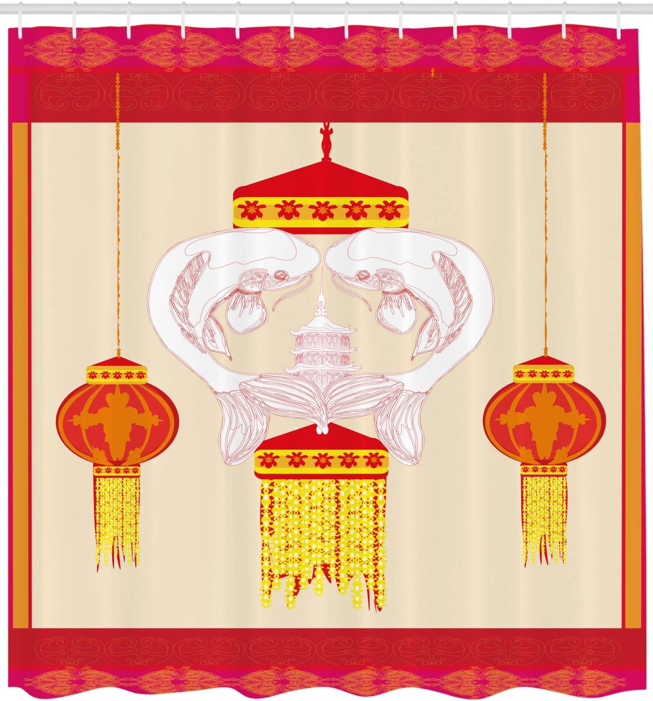 Mid Autumn Festival Symetrical Drawing Shower Curtain, Cloth Fabric Bathroom Decor in Singapore