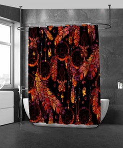 Mid Century Abstract Bohemia Arch Shower Curtain with Sun and Palm Leaf Design
