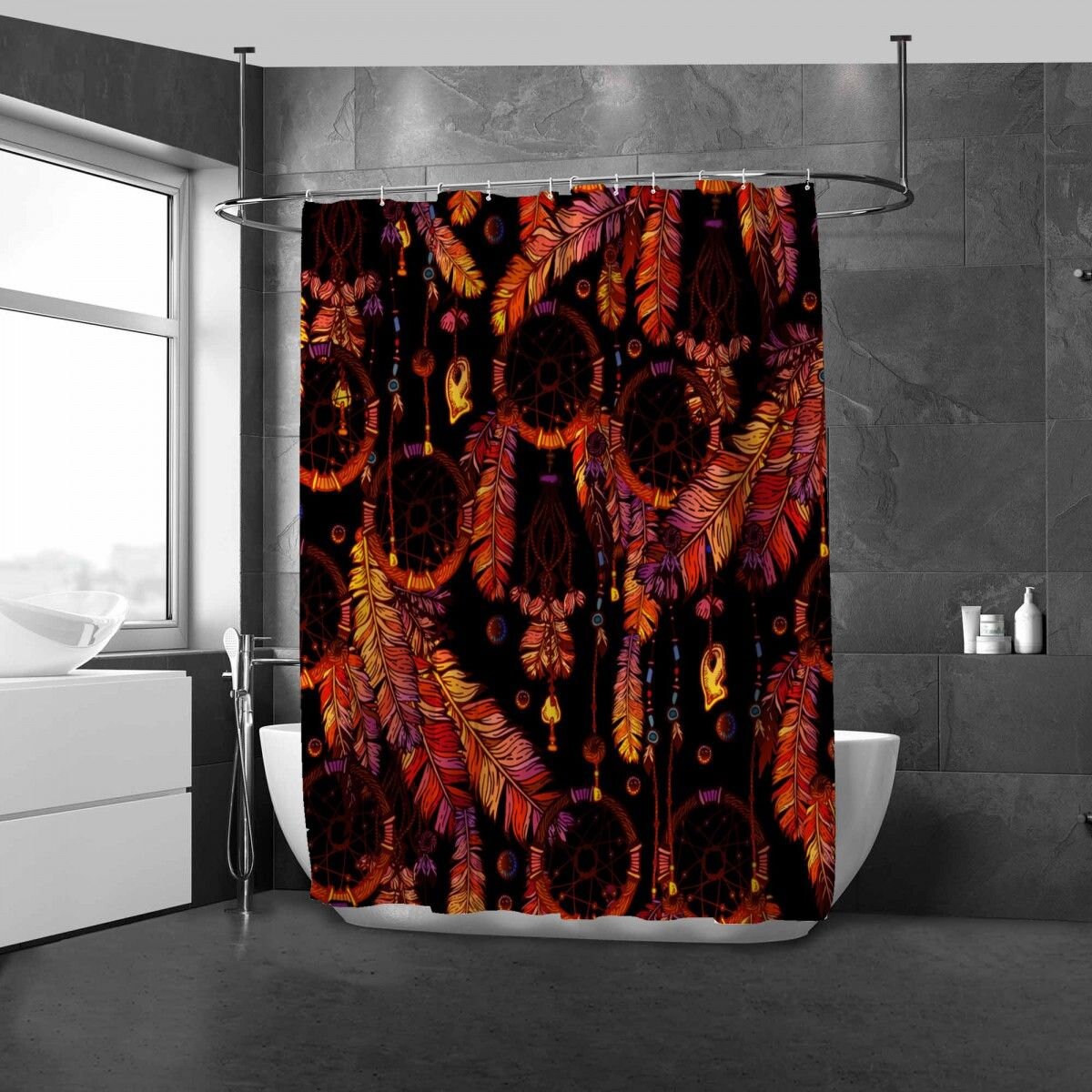 Mid Century Abstract Bohemia Arch Shower Curtain with Sun and Palm Leaf Design