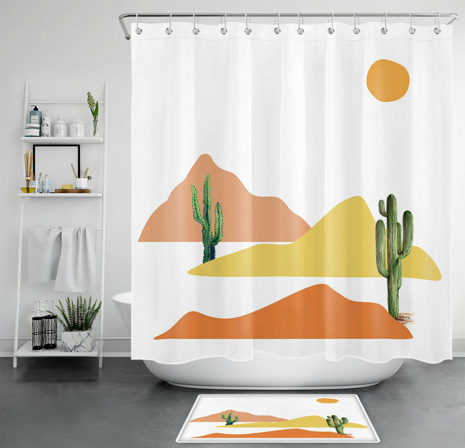 Mid Century Abstract Cactus Shower Curtain with Sun Mountain Design for a Chic Bathroom
