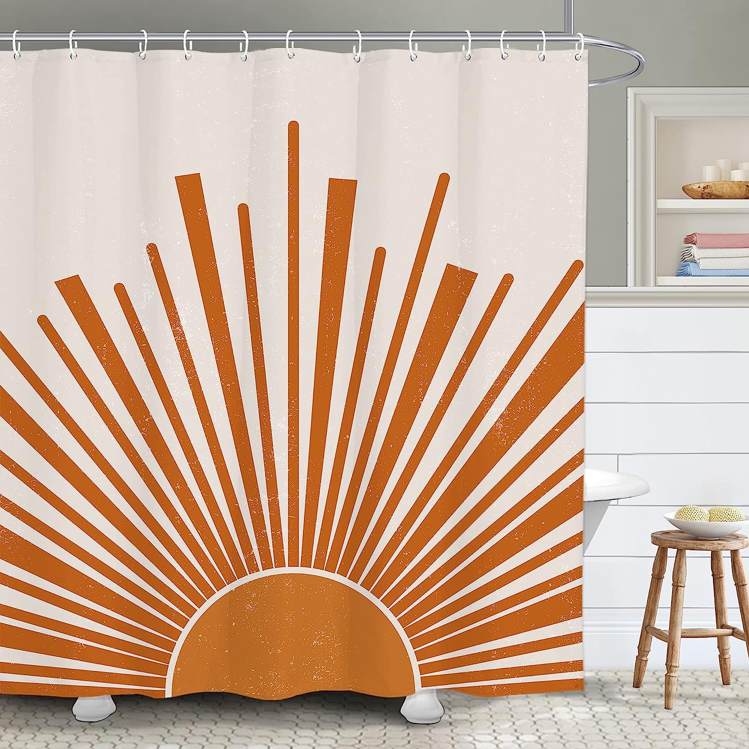 Mid Century Abstract Minimalist Retro Sunrise Sunburst Boho Sun Bathroom Shower Curtain for a Chic and Trendy Bathroom