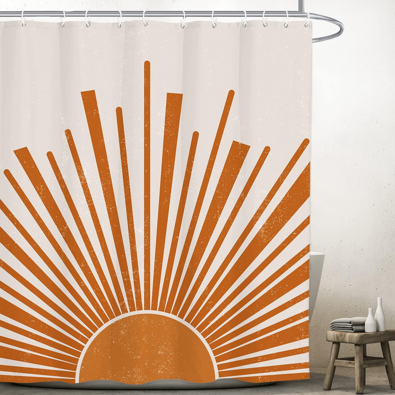 Mid Century Abstract Minimalist Retro Sunrise Sunburst Boho Sun Bathroom Shower Curtain for a Chic and Trendy Bathroom