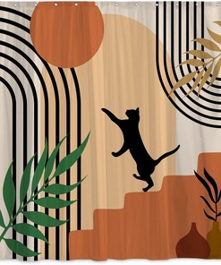 Mid Century Abstract Shower Curtain - Boho Modern Geometric Striped Sun Cat Fabric Bathroom Decor 