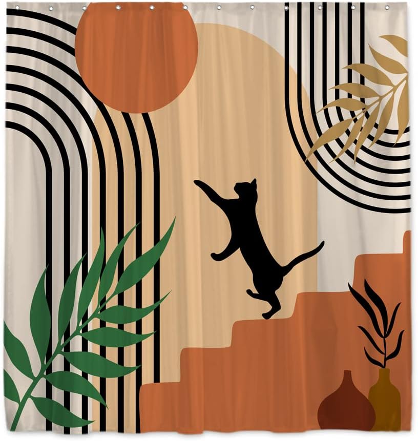 Mid Century Abstract Shower Curtain - Boho Modern Geometric Striped Sun Cat Fabric Bathroom Decor