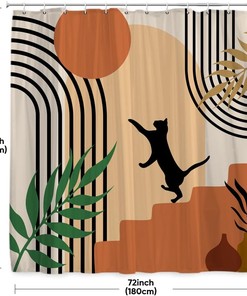 Mid Century Abstract Shower Curtain - Boho Modern Geometric Striped Sun Cat Fabric Bathroom Decor