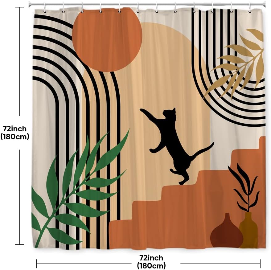Mid Century Abstract Shower Curtain - Boho Modern Geometric Striped Sun Cat Fabric Bathroom Decor