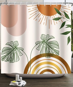 Mid Century Abstract Shower Curtain, Remandacy Boho Green Palm Leaf Bathroom Decor