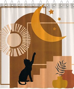 Mid Century Abstract Shower Curtain With Witchy Cat And Sun And Moon Prints For An Eccentric Bathroom