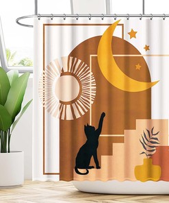 Mid Century Abstract Shower Curtain With Witchy Cat And Sun And Moon Prints For An Eccentric Bathroom