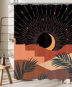 Mid Century Abstract Shower Curtain with Retro Mountain Sunset and Modern Geometric Shapes