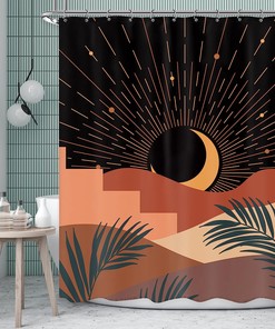 Mid Century Abstract Shower Curtain with Retro Mountain Sunset and Modern Geometric Shapes