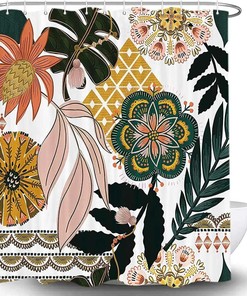 Mid Century Abstract Tropical Leaves Leaf Shower Curtain With Flower Prints
