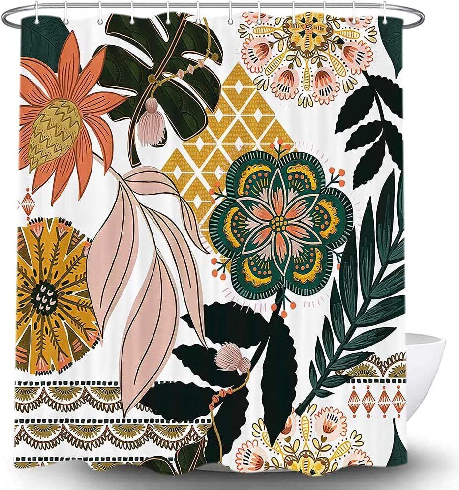 Mid Century Abstract Tropical Leaves Leaf Shower Curtain With Flower Prints