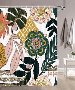 Mid Century Abstract Tropical Leaves Leaf Shower Curtain With Flower Prints